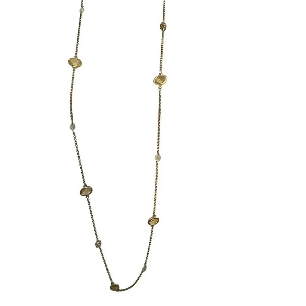 Gold Tone Long Station Necklace with Champagne Oval Crystals & Clear Glass Beads